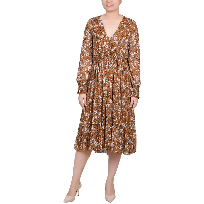 NY Collection Womens Petites Chiffon Floral Midi Dress