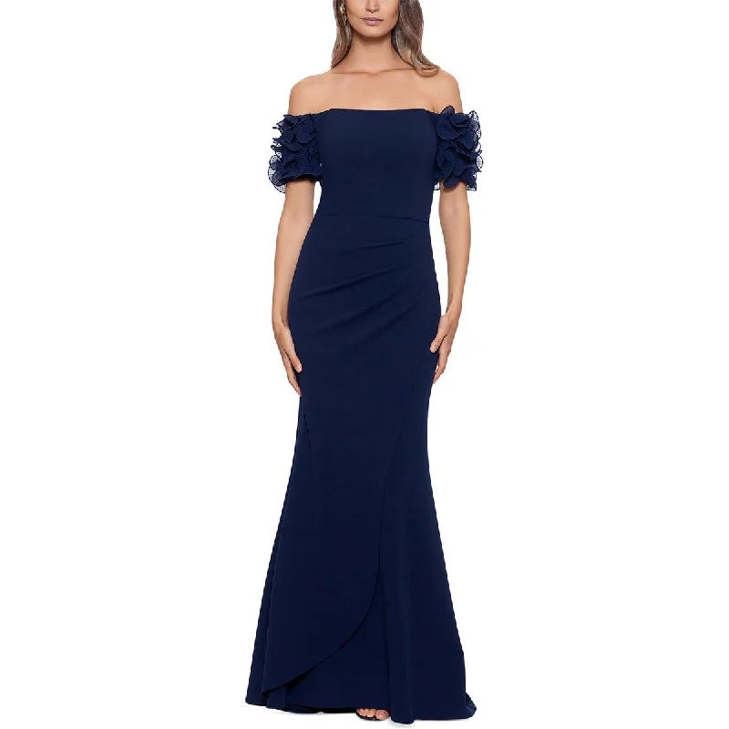 Xscape Womens Off-The-Shoulder Ruffled Evening Dress