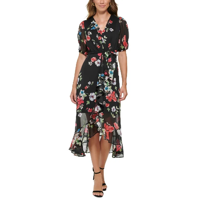 DKNY Womens Petites Floral Hi-Low Midi Dress