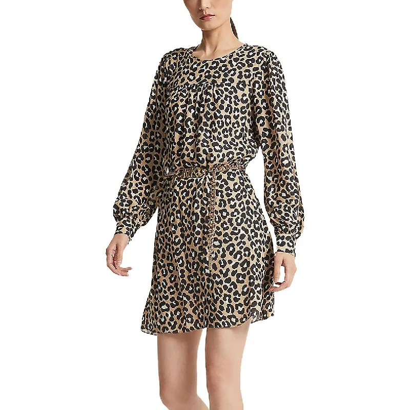 MICHAEL Michael Kors Womens Cheetah Long Sleeve Belted Mini Dress