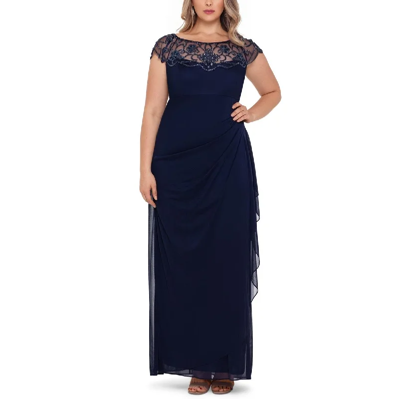 Xscape Womens Plus Embellished Ruched Evening Dress