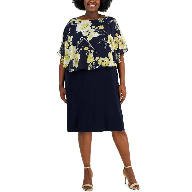 Connected Apparel Womens Plus Cape Overlay Mid-Calf Midi Dress