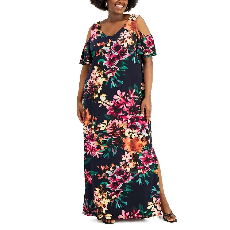 Connected Apparel Womens Plus Long Cold Shoulder Maxi Dress