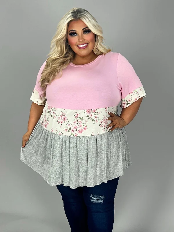 40 CP {Ideal Situation} Pink/H. Grey Tunic w/Floral Contrast CURVY BRAND!!!  EXTENDED PLUS SIZE 3X 4X 5X 6X