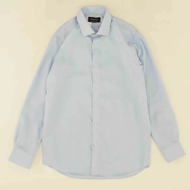 Blue Solid Long Sleeve Button Down