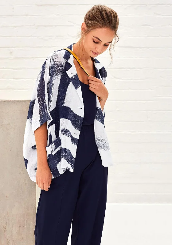 Naya Oversize Print Linen Jacket, French Navy & White