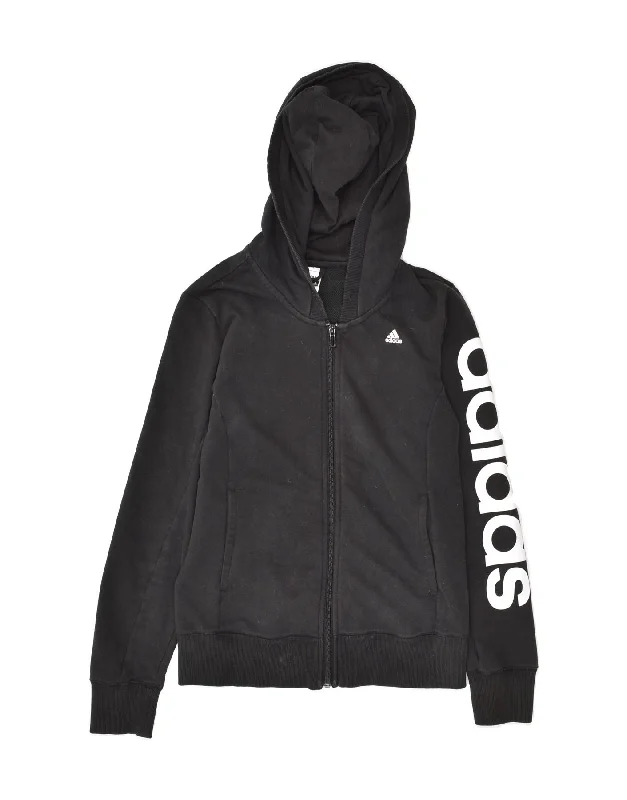 ADIDAS Womens Climalite Graphic Zip Hoodie Sweater UK 8/10 Small Black