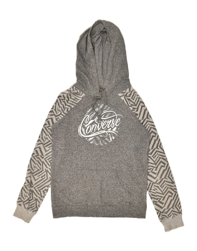 CONVERSE Womens Graphic Hoodie Jumper UK 6 XS Grey Flecked