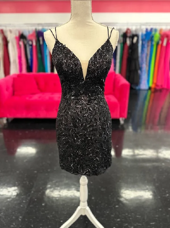 Amarra 87144 Size 6 Black Short Fitted Sequin Formal Cocktail Dress Backless Corset Homecoming Gown