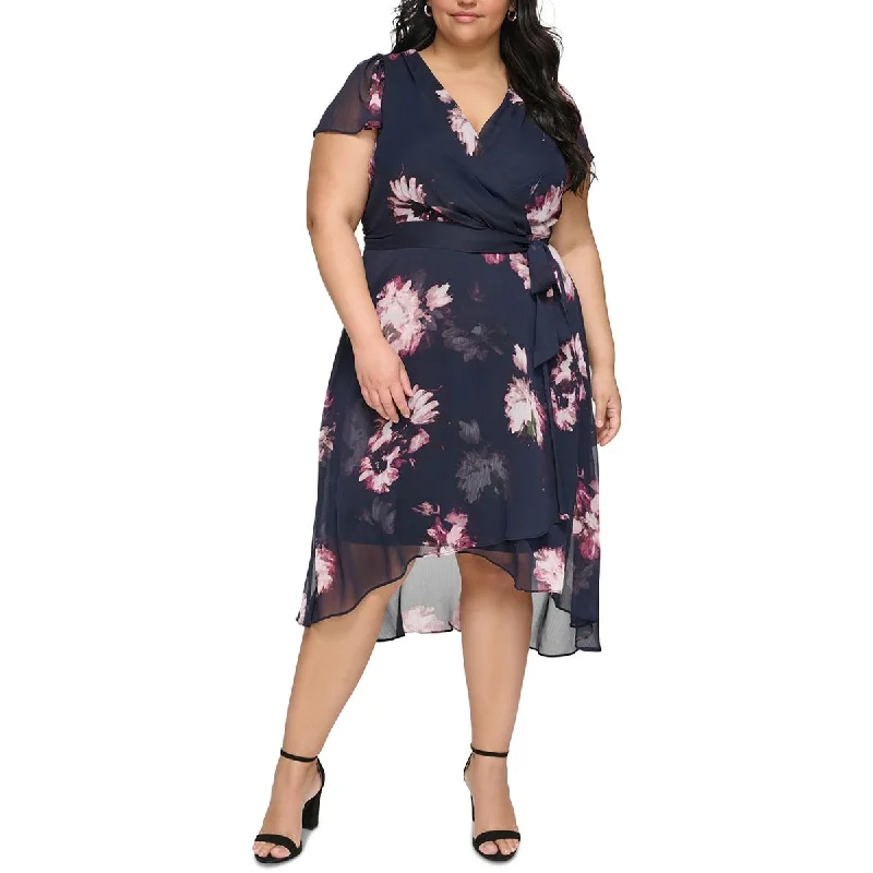 DKNY Womens Plus Midi Floral Print Wrap Dress