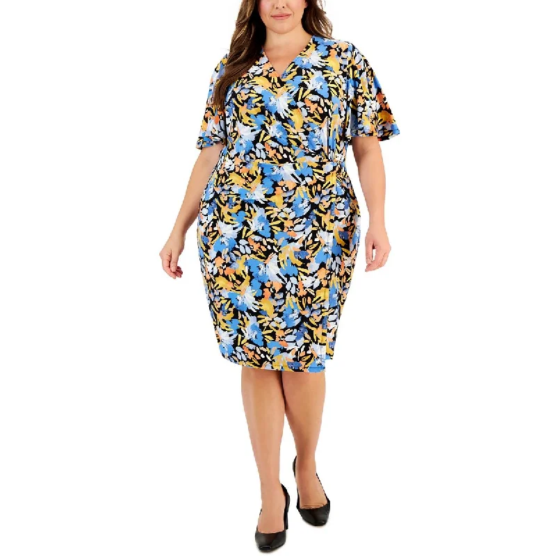 Kasper Womens Plus Floral Print Jersey Wrap Dress