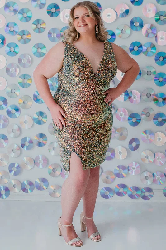 Sydneys Closet SC8110 Size 20, 26 Blue Blitz Short Plus Size fitted Sequin Formal Cocktail Dress Slit V Neck Gown