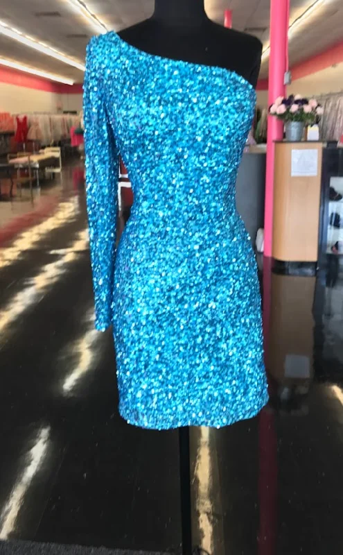 Ashley Lauren 4457 Size 8 Neon Blue Cocktail Dress One Shoulder Sheer Long Sleeve Fitted