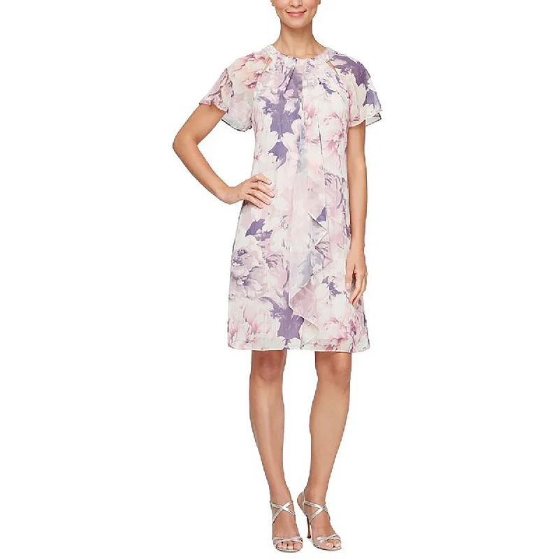 SLNY Womens Floral Print Embellished Neckline Mini Dress