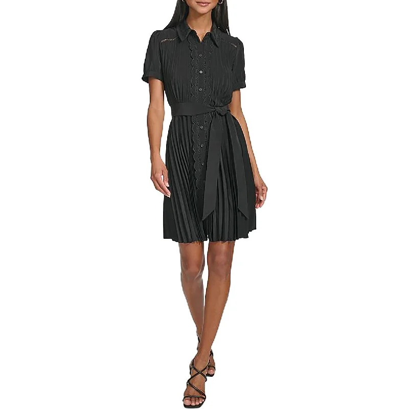 Karl Lagerfeld Paris Womens Pleated Lace-Trim Mini Dress